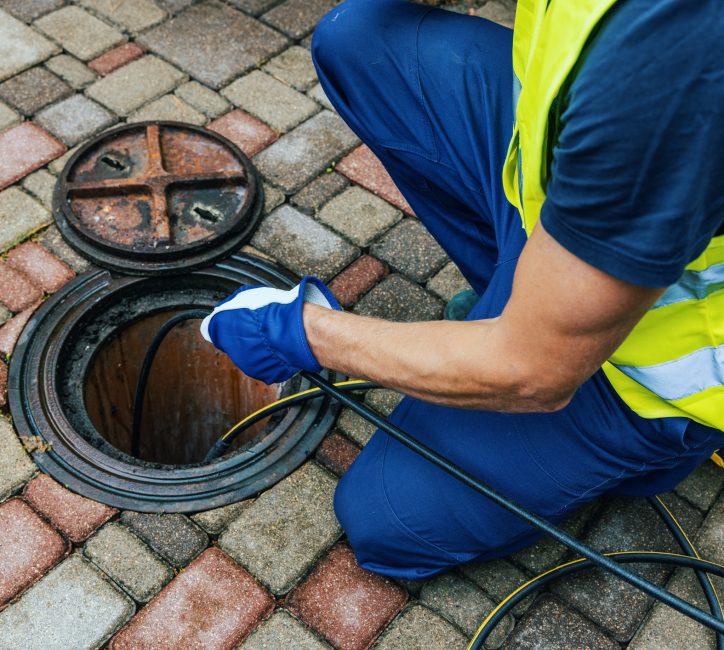 service worker cleaning blocked sewer line with hydro jetting