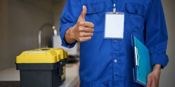 Cropped image of repairman with tool box showing thumbs-up